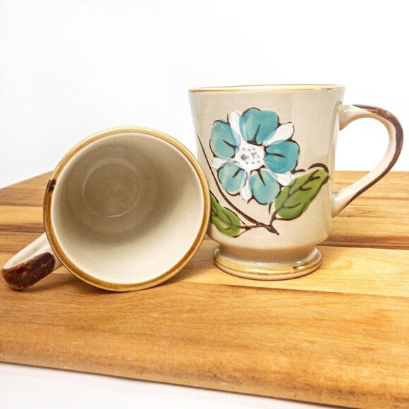 Pair Vintage Sunnycraft Sunny Collection Floral Stoneware Pedestal Coffee Mugs - Picture 6 of 8